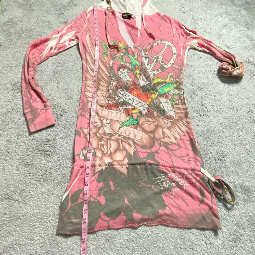Ed Hardy Y2K Vintage All Over Print Hoodie Dress Top Shirt Skull Tattoo Skull - Picture 3 of 10
